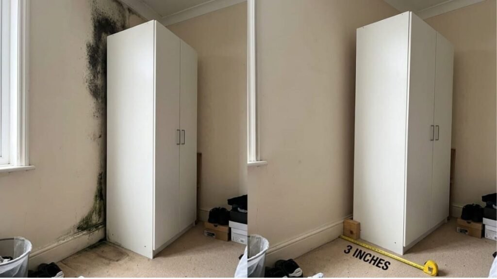 Wardrobe pulled 3 inches away from the wall to improve airflow and prevent mold buildup behind furniture in a small rental bedroom.