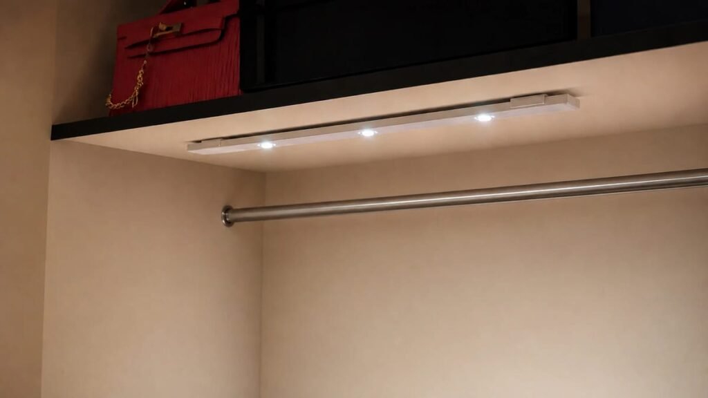 Wireless motion sensor LED bar light mounted under a wooden shelf in a small closet