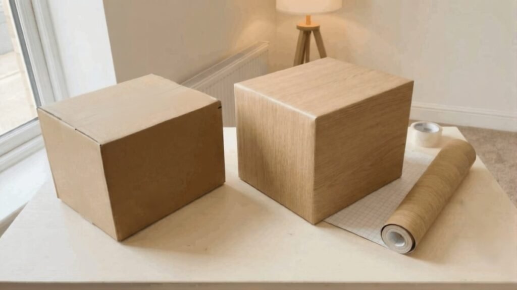 A cardboard box covered with wood-effect paper for stylish bedroom storage.