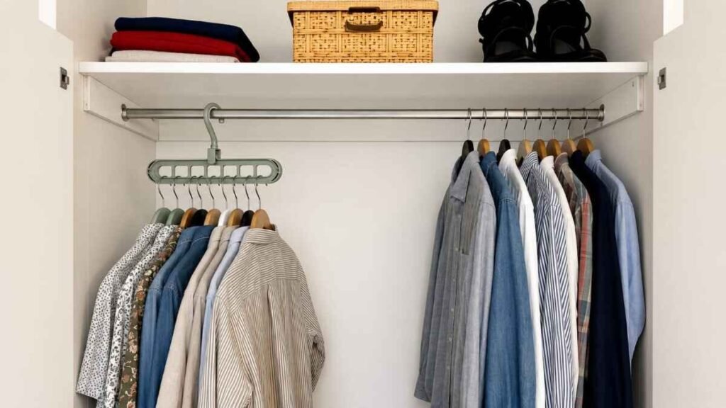 Magic hanger used to create extra wardrobe space in a small rental bedroom closet