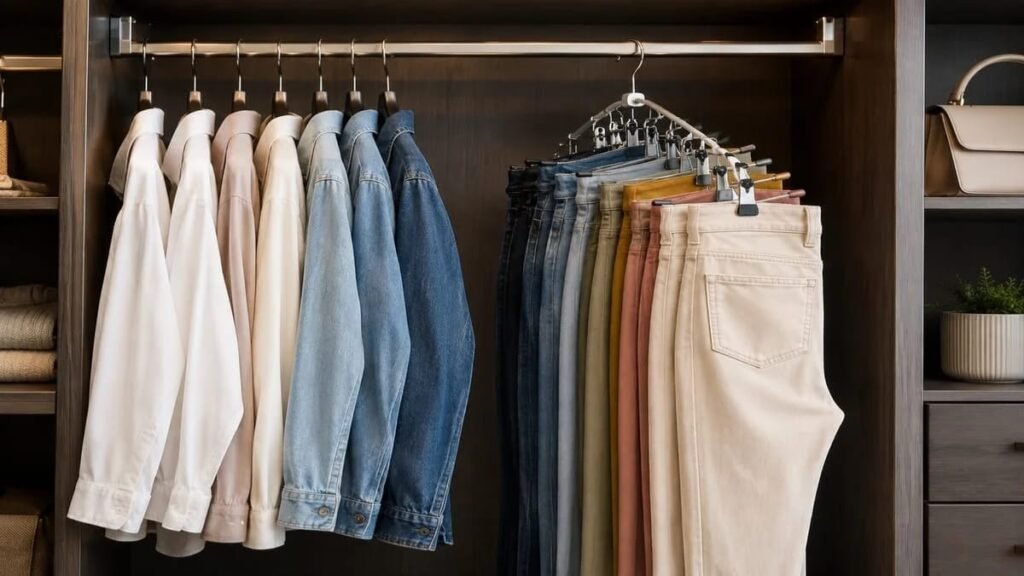 Multi clip pants hanger holding multiple folded trousers and jeans in a wardrobe closet