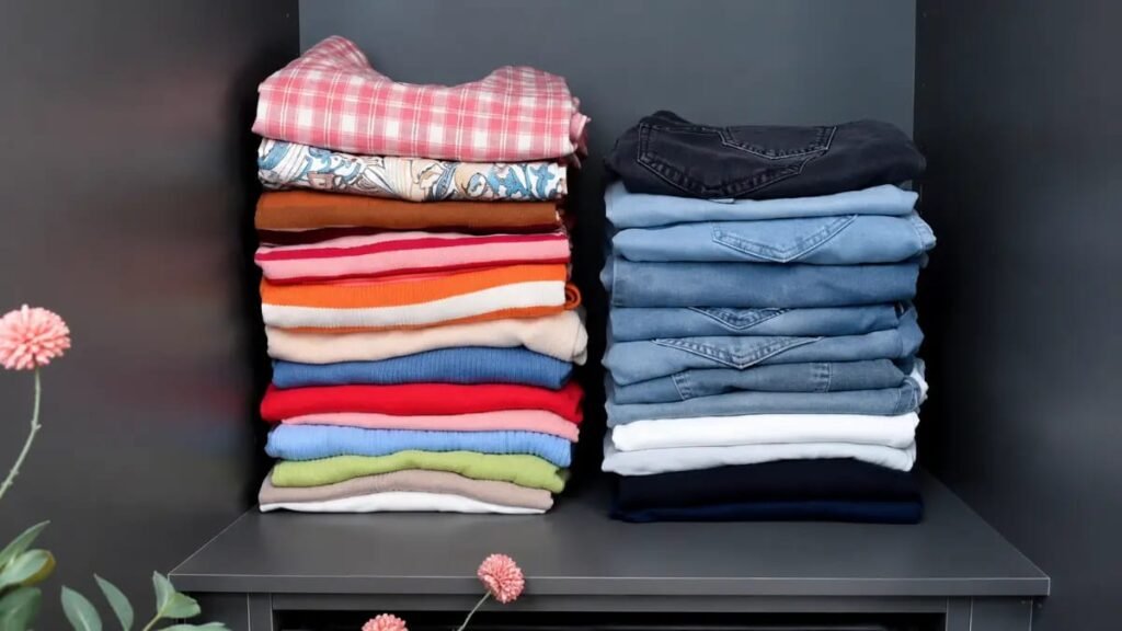 Neatly folded sweaters and jeans arranged in two neat stacks on a wardrobe shelf