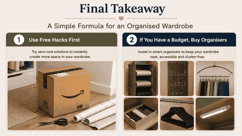 Final takeaway summary graphic comparing free DIY wardrobe hacks with budget organizer solutions