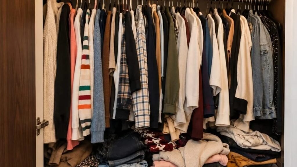 Organized small closet with clothes hanging on matching hangers and folded garments below