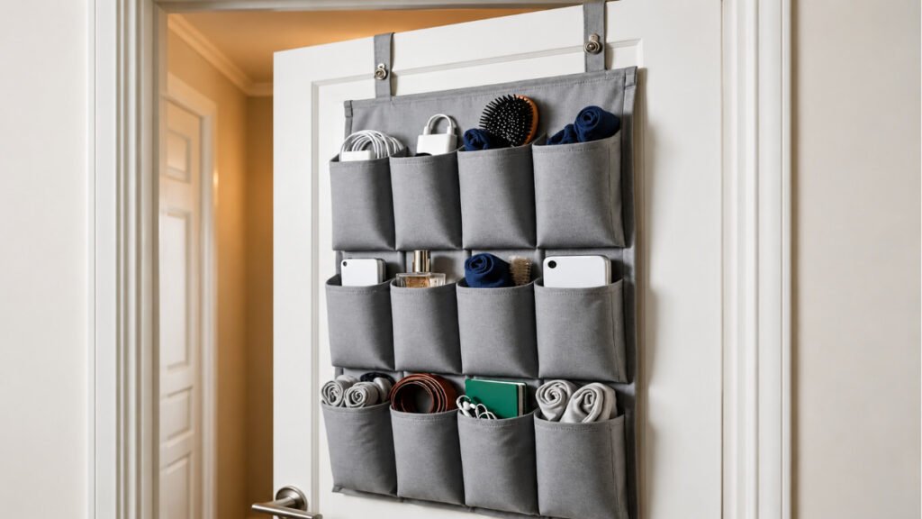 An over-the-door organizer creating extra storage in a small rental bedroom.