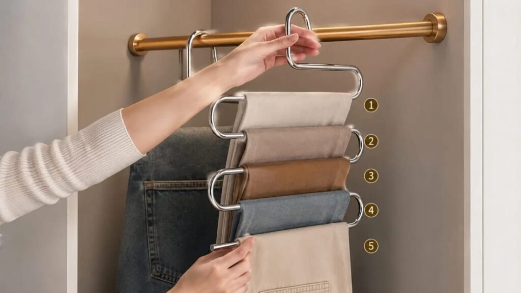 S shaped stainless steel trouser hanger holding multiple folded pants in a closet