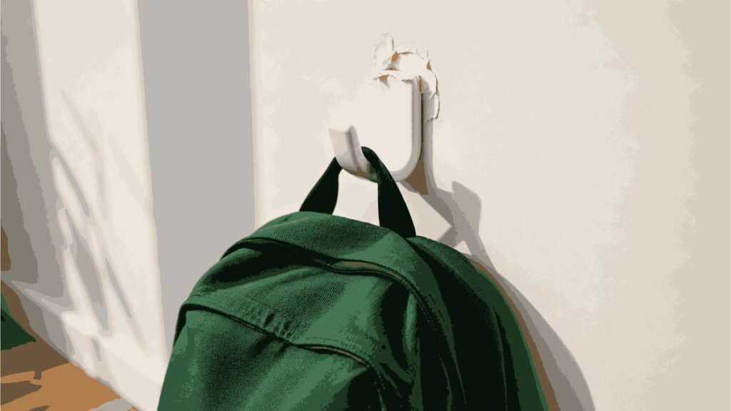 A backpack hanging on a damage-free wall hook in a small rental bedroom.