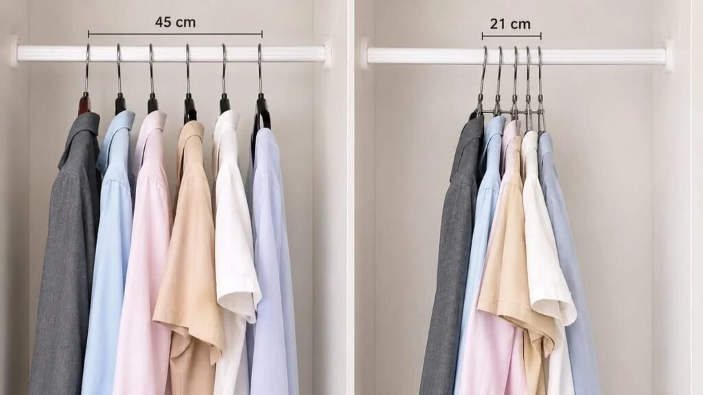 Comparison showing space saved using slim velvet hangers versus standard hangers in a small closet