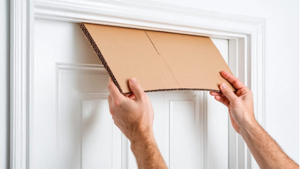 Testing door clearance with cardboard before installing an over-the-door organizer.