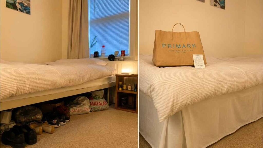A valance sheet hiding under-bed storage in a small rental bedroom.