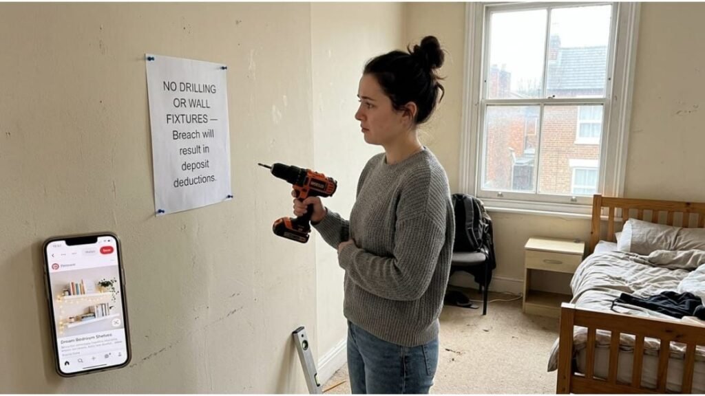 A renter looking at storage ideas before drilling into a small rental bedroom wall.