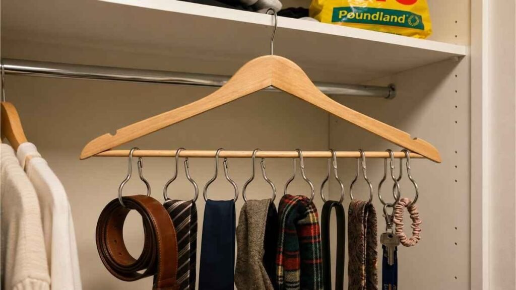 Shower curtain rings used to organise belts, ties and accessories inside a small bedroom wardrobe