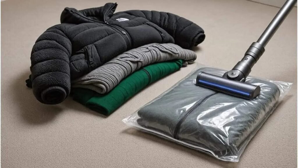 Winter clothes packed in vacuum storage bags to save space in a small rental bedroom.