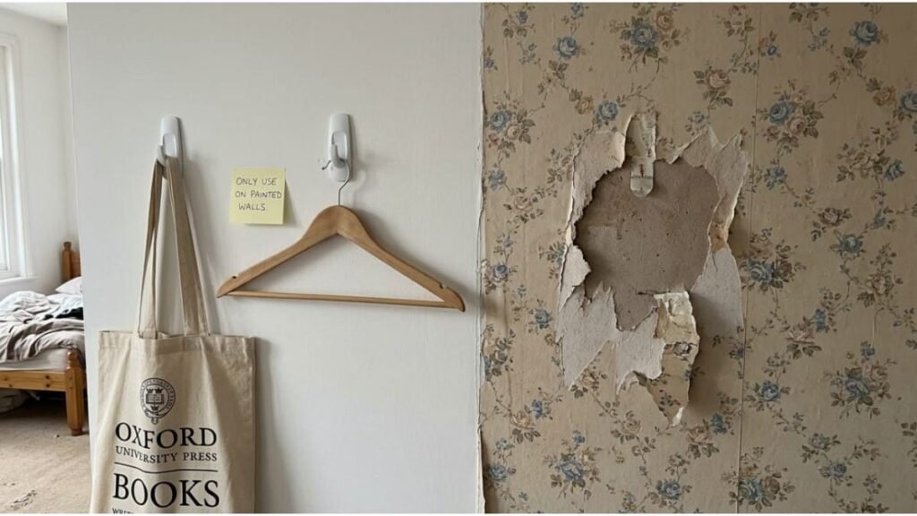 Command hooks can damage wallpaper in rental bedrooms if they are not used on painted walls