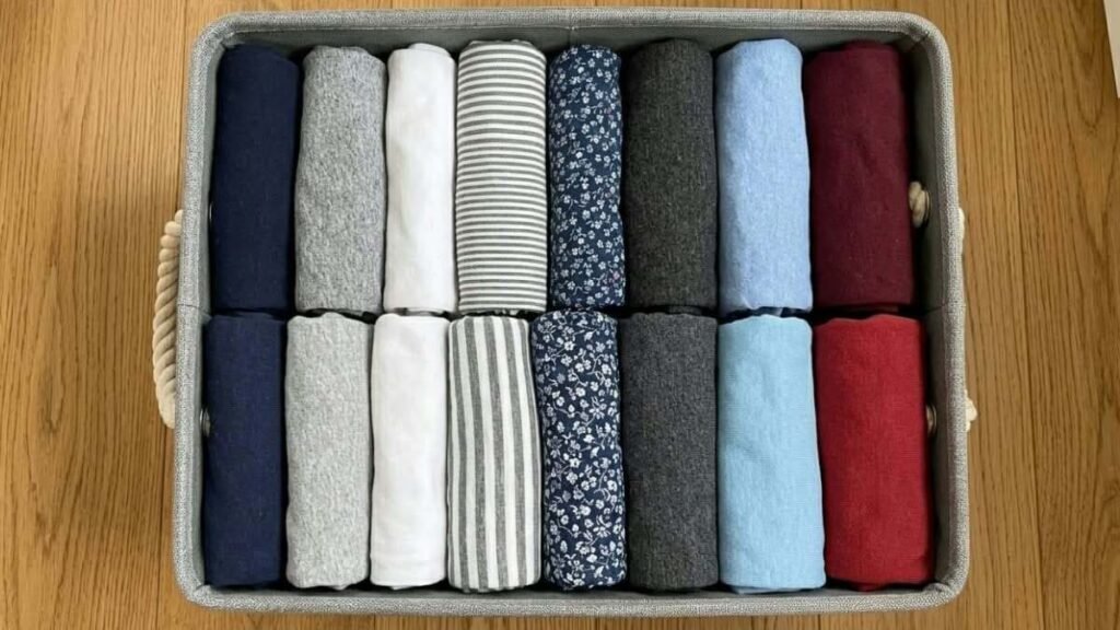 Vertical folding method used to organise clothes in a small rental bedroom drawer