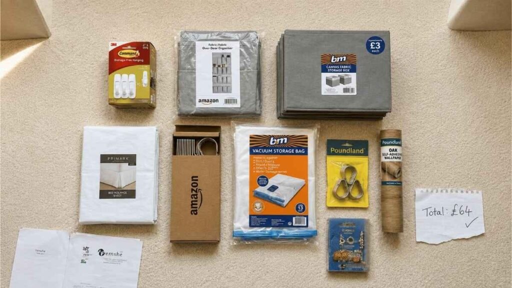 Budget-friendly products used to organise a small rental bedroom for £65