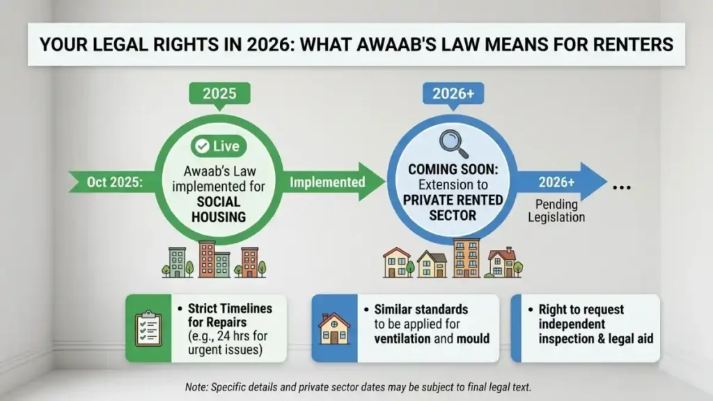 Timeline showing Awaab's Law rollout from social housing to the private rental sector