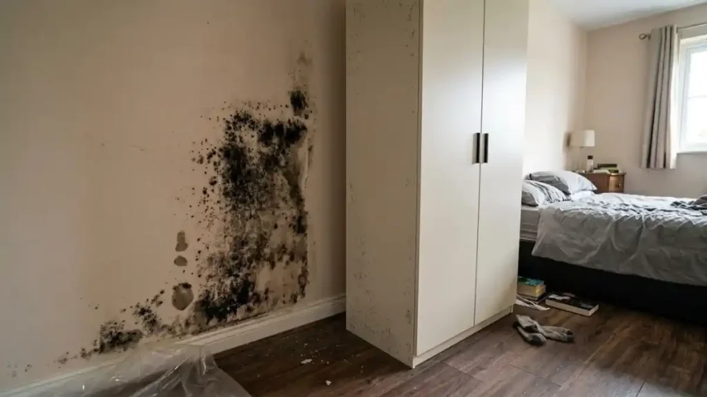 A bedroom wardrobe standing beside a wall with visible black mould patches