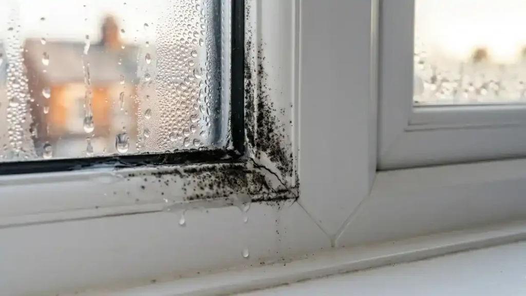 Black mould dripping from a window frame with heavy condensation