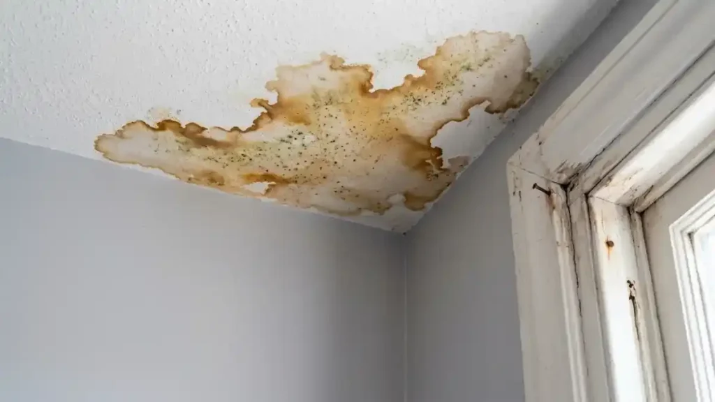 Brown damp stain spreading across a bedroom ceiling corner from a roof leak