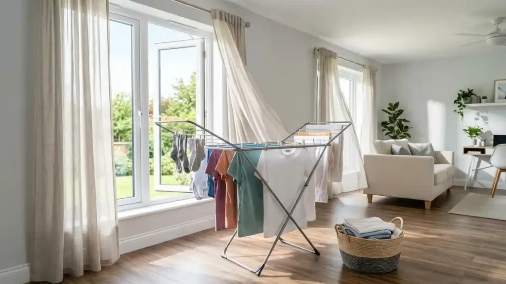 A clothes airer set up near an open window in a bright living room