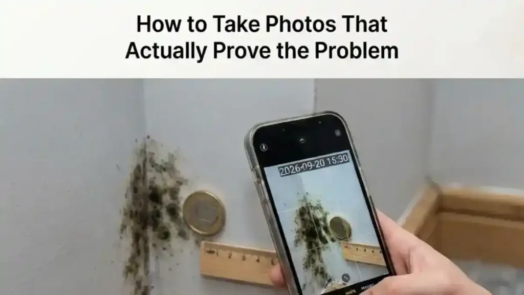 Taking a date stamped photo of mould with a coin for scale as evidence
