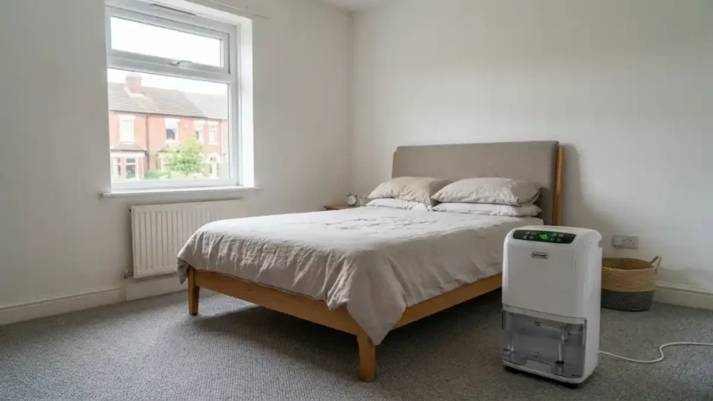 A portable dehumidifier placed beside a bed in a UK rental bedroom