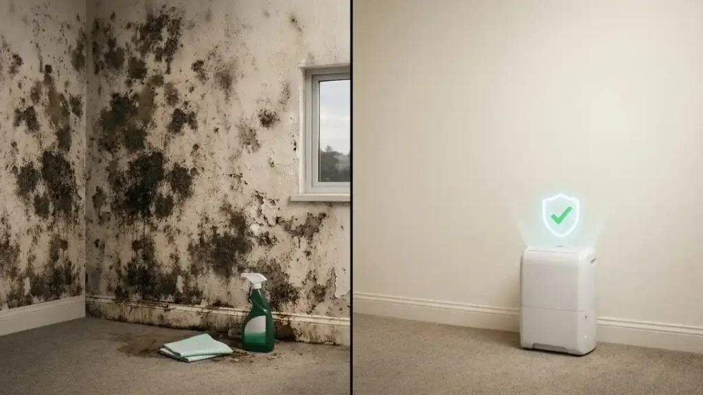 A dehumidifier running in a bedroom to reduce moisture and prevent mould