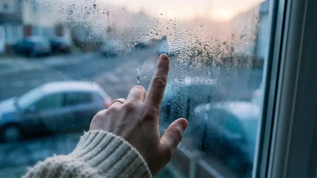 Mould in a UK rental bedroom condensation on a cold window in winter