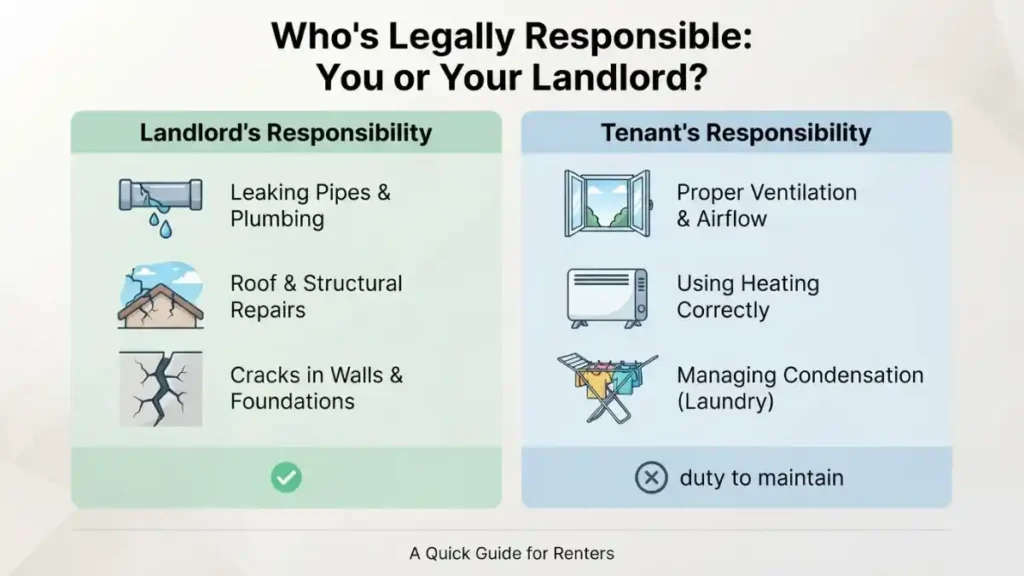 Comparison of landlord and tenant responsibilities for mould in a UK rental