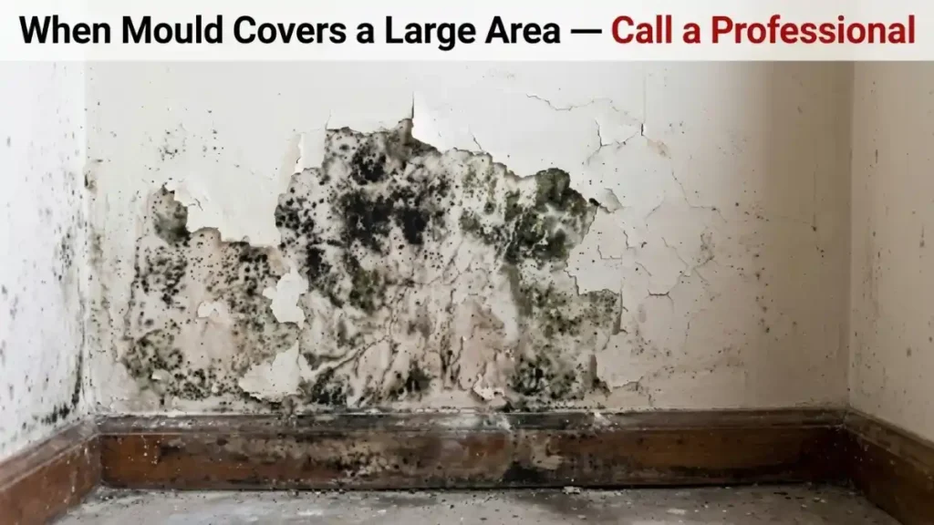 A large area of black mould and peeling paint covering a rental property wall