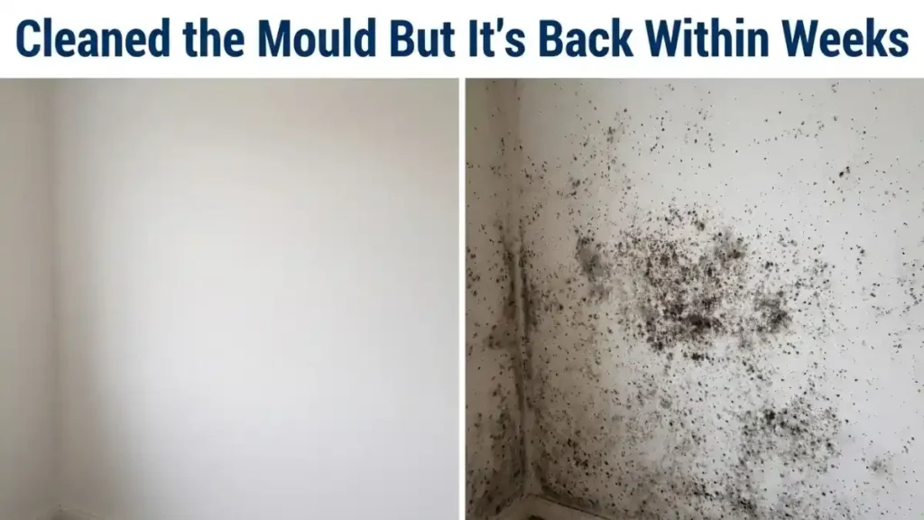 Clean wall next to the same wall showing mould has returned within weeks