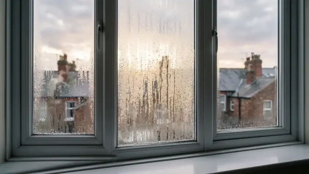 Condensation running down a single glazed window with houses visible outside