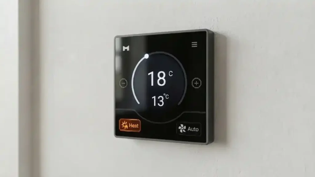 A smart thermostat display showing a bedroom being heated to eighteen degrees