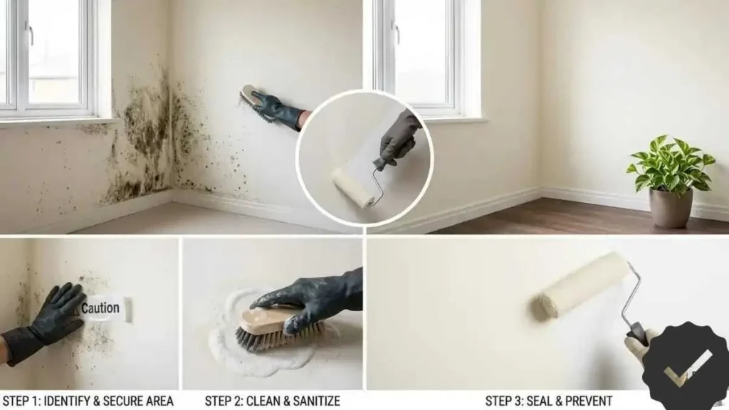 Three step process for identifying, cleaning and sealing a mouldy wall