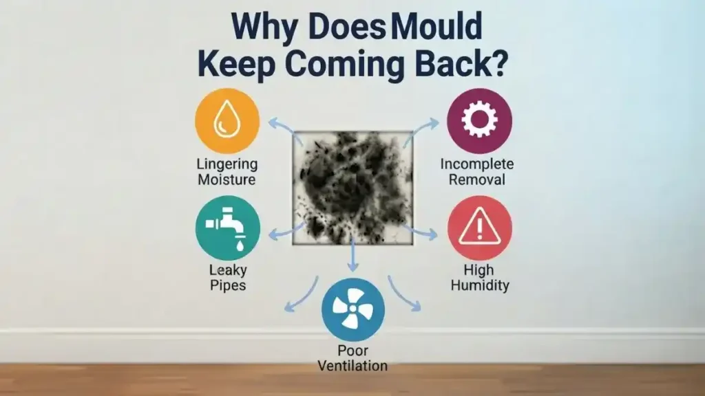 Infographic showing five causes of recurring mould including poor ventilation and leaky pipes