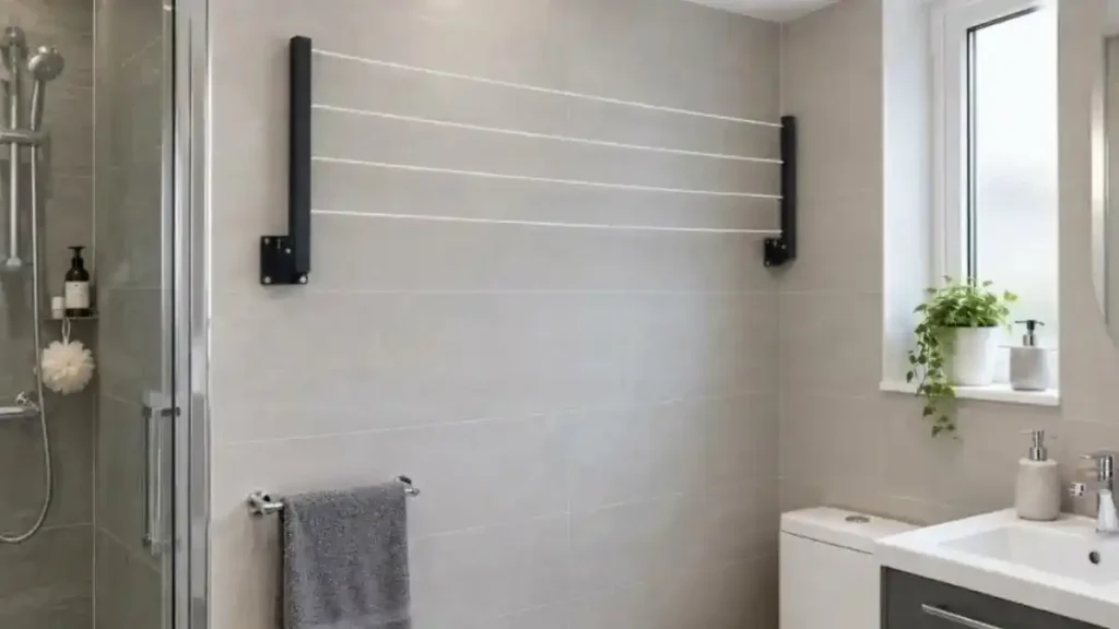 Wall-mounted folding drying rack with four lines stretched across a bathroom wall, a space-saving option for a flat with no balcony