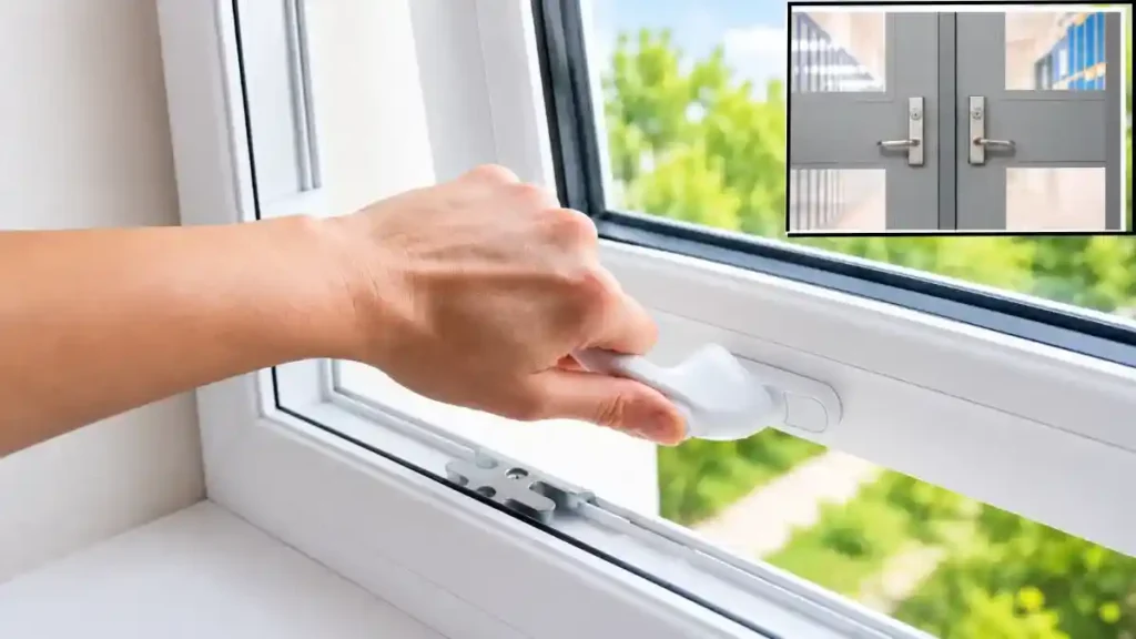 Hand opening a window slightly for short burst ventilation, with an inset of closed doors, while drying clothes indoors