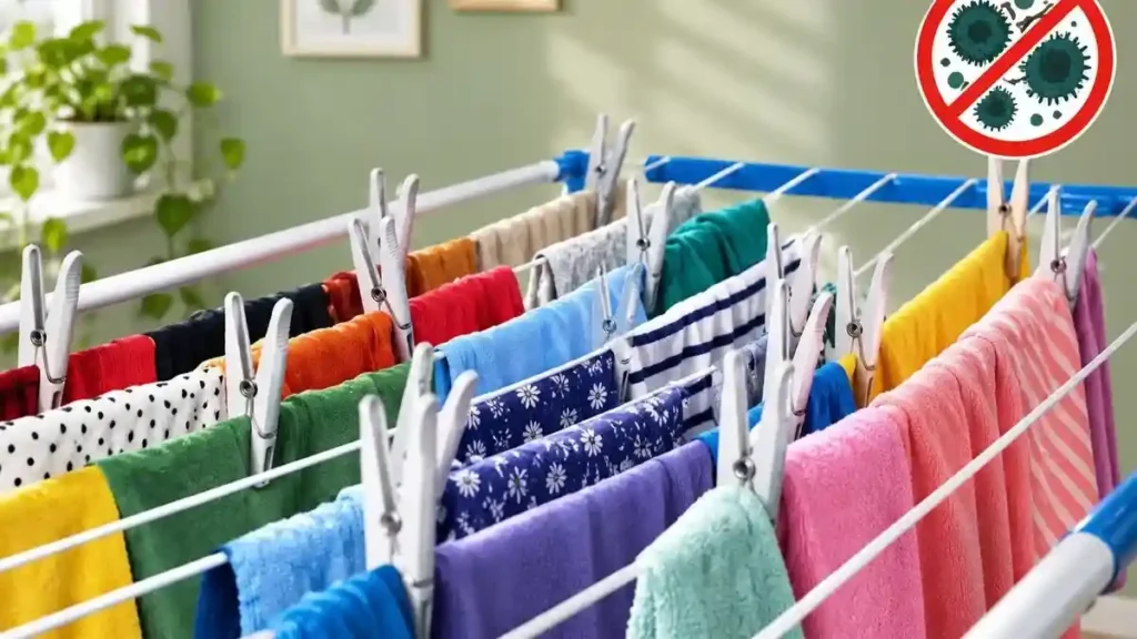 Colourful clothes pegged on an airer with gaps for airflow and a no-bacteria symbol, to stop musty smells when drying indoors