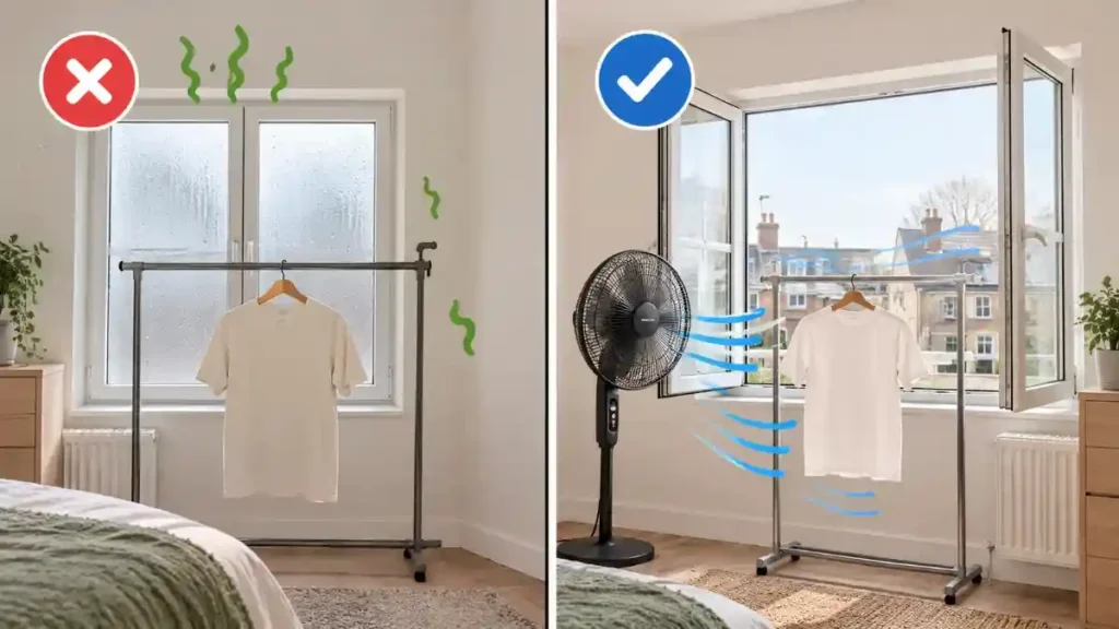 Comparison of clothes on a rail in a closed bedroom with steamy windows versus beside an open window with a fan blowing air across them