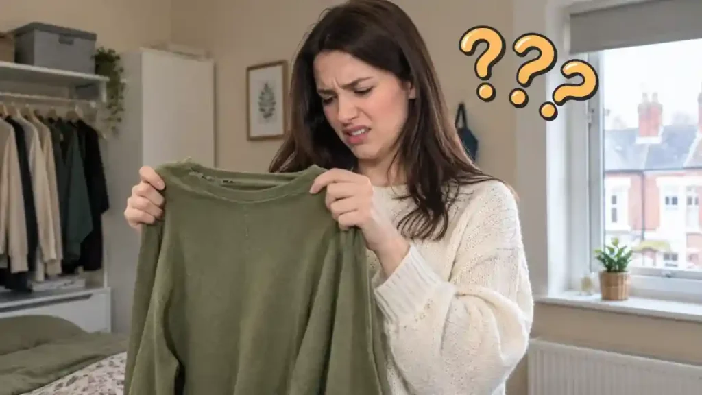 Woman frowning at a musty-smelling green jumper after drying it indoors