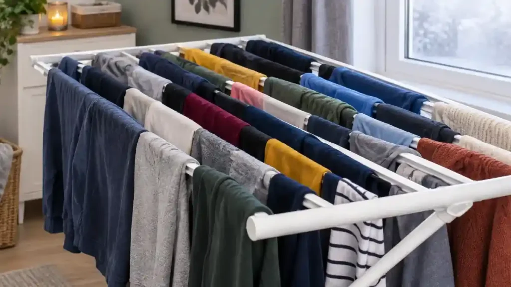 Overloaded clothes airer with jumpers, towels and t-shirts crammed together with no gaps for air to move between them