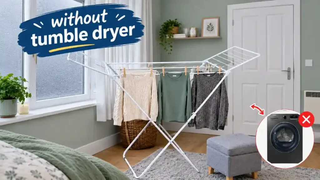 How to dry clothes in winter without a tumble dryer, with jumpers hanging on a clothes airer beside a frosty window