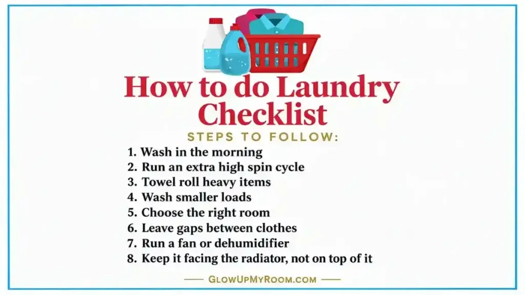 Eight-step laundry checklist for drying clothes in a small flat: wash in the morning, extra spin, towel roll, smaller loads, right room, gaps, fan or dehumidifier, airer facing the radiator