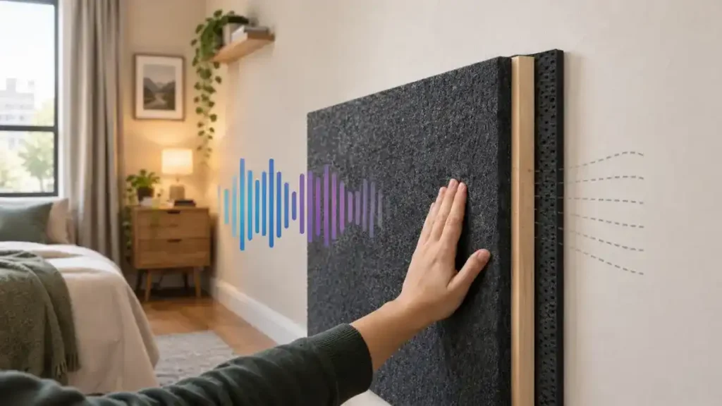 Dark acoustic felt panel placed against a bedroom wall in a UK rental