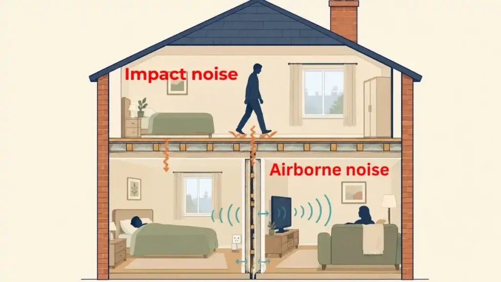 Cross-section of a UK house showing impact noise from footsteps above and airborne noise through a party wall