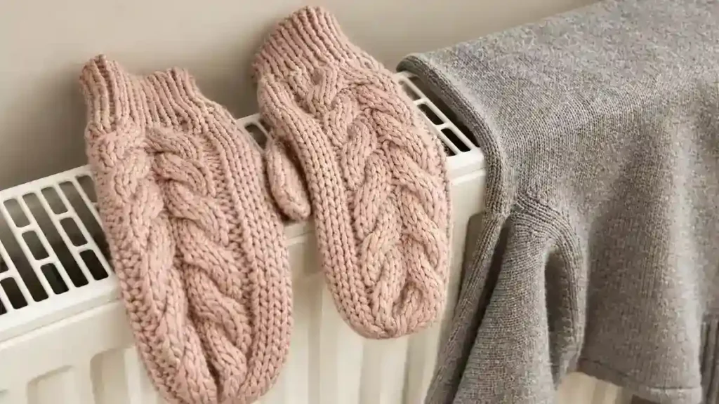 Knitted mittens and a grey jumper drying directly on top of a radiator, which is not a safe way to dry clothes