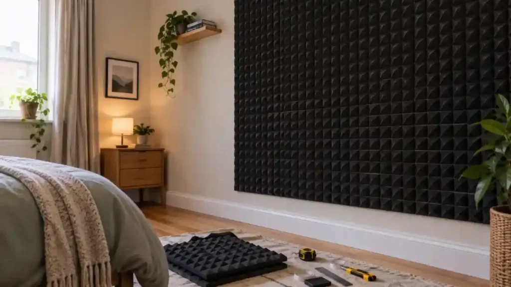 Black pyramid acoustic foam panels on a bedroom wall, which reduce echo but do not stop neighbour noise