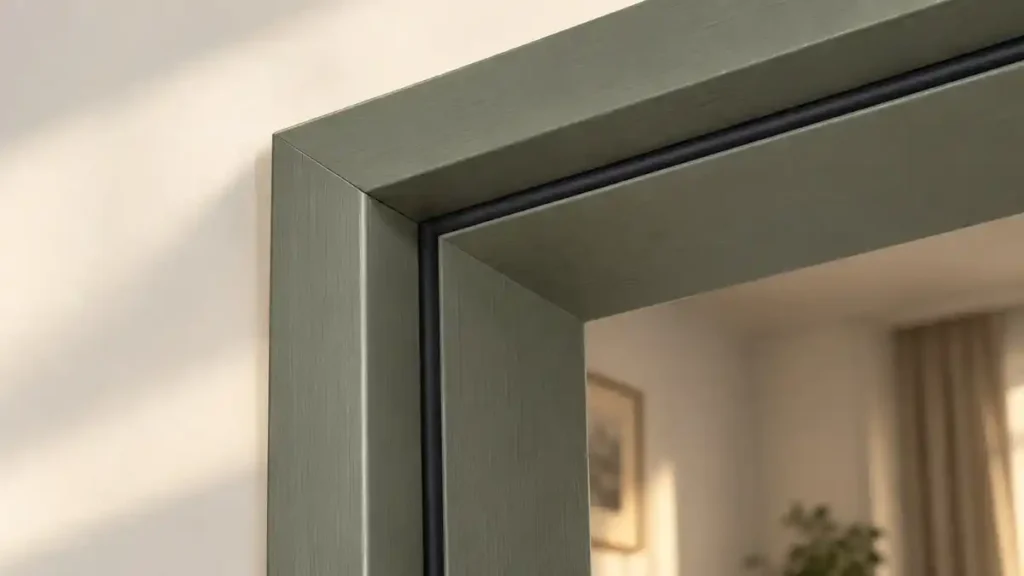 White D-shaped self-adhesive rubber seal strip stuck on the door stop of an internal door frame