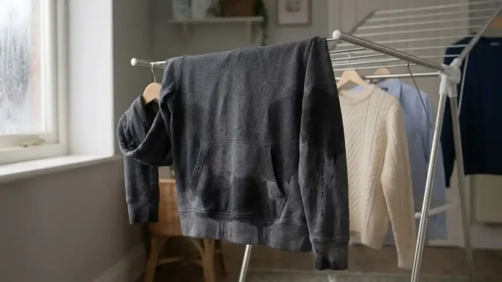 Damp hoodie on a clothes airer, a common problem when learning how to dry clothes in winter without a tumble dryer